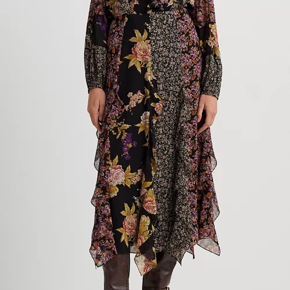 Lauren Ralph Lauren Womens Mixed-Floral Ruffle-Trim Georgette Skirt
